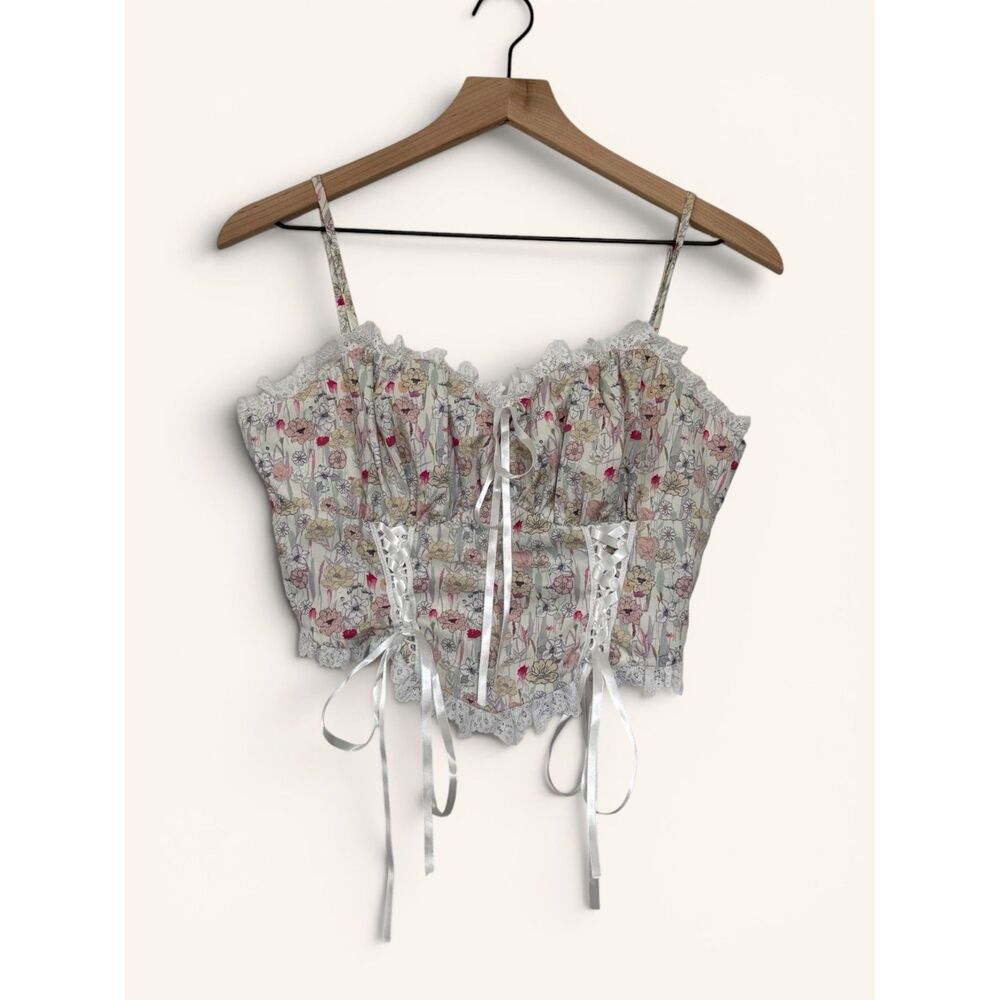 Fairycore Renfaire Lace-Up Floral Lace Corset Bustier Ruched Back Bows Size XS/S